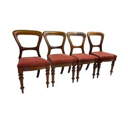 Set four early 20th century balloon back dining chairs, drop in seats, raised on turned supports