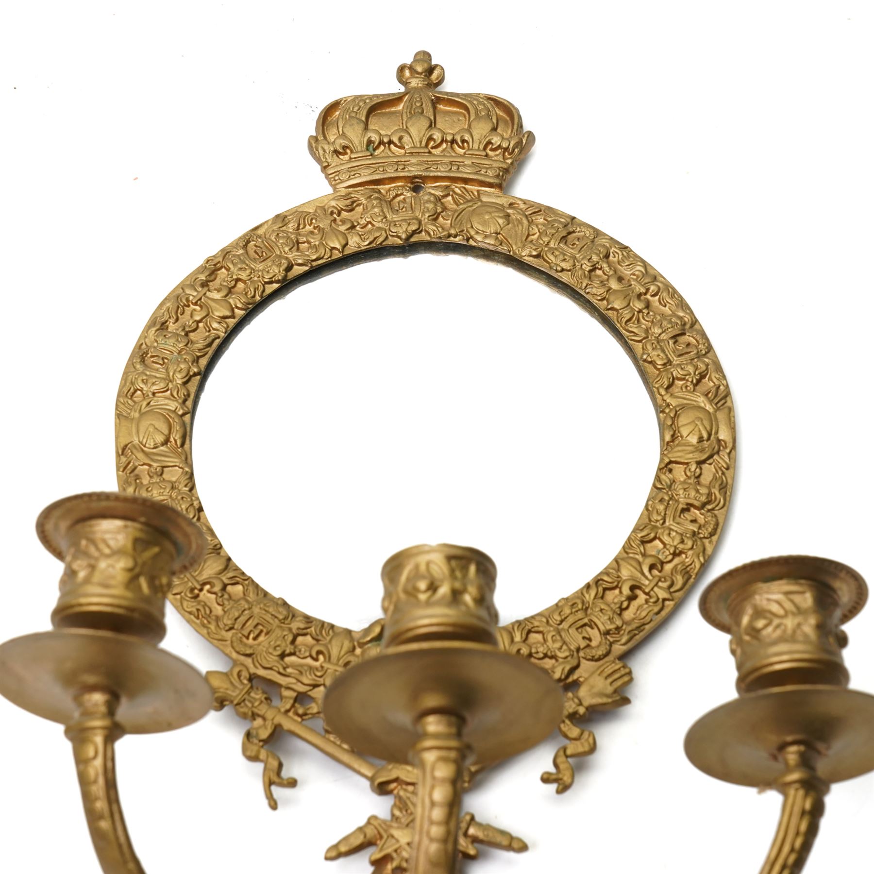 Pair of gilt metal three branch girandole, each surmounted by a coronet, H37cm (2)
