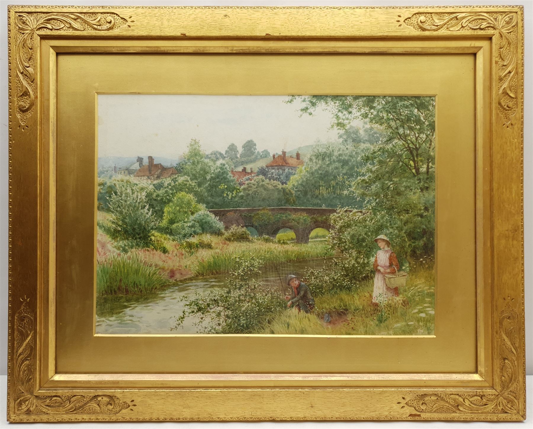 Charles Gregory (British 1850-1920): 'A Bright Way Elstead' - Children Fishing, watercolour signed 39cm x 54cm