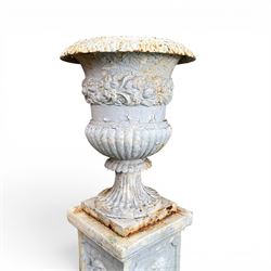 Victorian weathered heavy ornate cast iron garden centerpiece urn, distressed white and duck egg blue painted, raised on square plinth with rose detail 