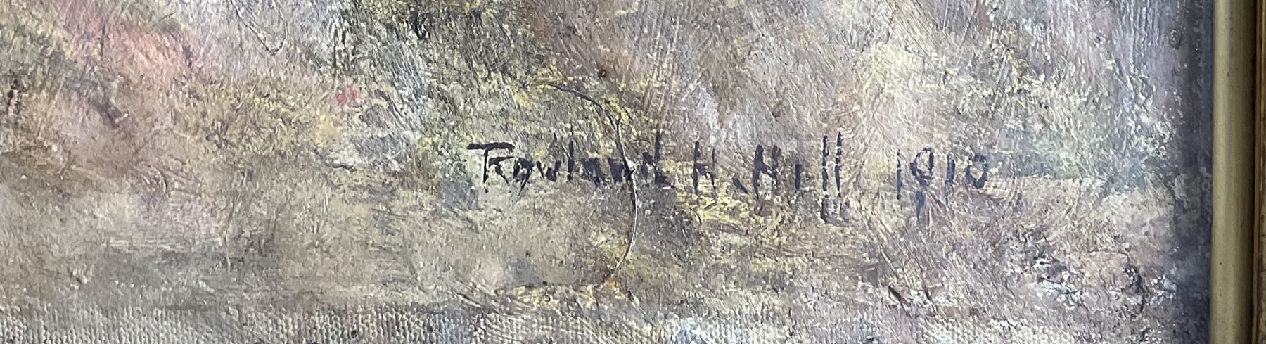 Rowland Henry Hill (Staithes Group 1873-1952): 'April' - The Primrose Gatherers, oil on canvas signed and dated 1910, original title label verso with artist's address 'Cannon Cottage, Runswick, Hinderwell' 90cm x 70cm
Provenance: in the same family ownership since the 1930s, this picture was probably the inspiration for the formation of an important collection of Staithes Group pictures by later generations. Surely one of the finest, and indeed largest, Rowland Hills ever to come on to the market.