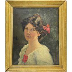 Annie Horrocks (British exh.1898-1903): Portrait of a Young Woman with Flowers in Her Hair, oil on canvas signed and dated 1903, 52cm x 42cm