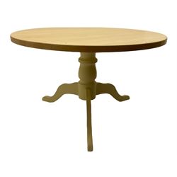 Late 20th century circular beech top dining table, raised on three white painted splayed supports