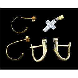 Pair of 18ct gold half hoop stud earrings, pair of 14ct gold cubic zirconia stud earrings and a 18ct gold cubic zirconia cross pendant
