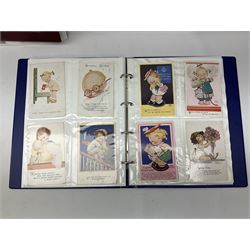 Collection of Victorian and later postcards, to include comic examples by Mabel Lucie Atwell, other coloured illustrated examples etc, housed in four albums