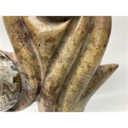 Goniatite sculpture, displaying two Goniatites within a polished and shaped matrix, age; Devonian period, H56cm