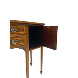 Georgian design mahogany and satinwood banded bow-front sideboard, fitted with two drawers and flanking cupboards, on square tapering supports with spade feet 