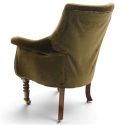 William IV mahogany framed lyre shaped library armchair, high back over scrolled arms and sprung seat, upholstered in chocolate brown velour fabric, the lyre-shaped frame raised on turned front and splayed rear supports with ceramic castors