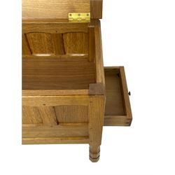 Brian Haw (former Mouseman carver) - Yorkshire oak work or sewing box, hinged lid with panelled sides, fitted with through drawer, on octagonal feet