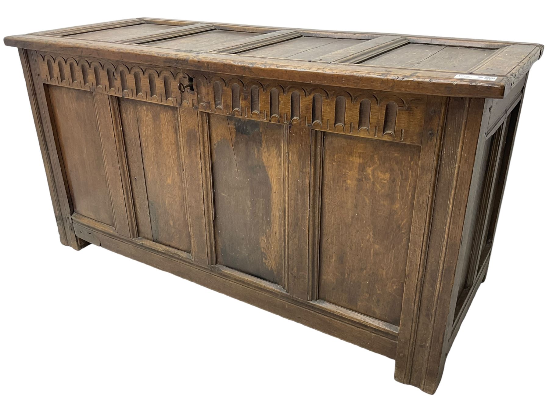 18th century and later oak coffer or chest, rectangular quadruple panelled hinged top, over arcade carved frieze and panelled sides, on stile supports