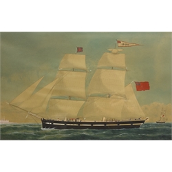 English School (19th century): Ship's Portrait - 'Arica of Whitby - Capt. Wm. Harrison of Robin Hoods Bay 1874', watercolour heightened in white, titled and dated on the mount 35cm x 55cm Notes: Reported from Whitby in 'The Times' 15th Dec. 1881 - 'The Arica, brig of Whitby, with wood and iron from Soderhamn, is reported to have gone ashore about one mile south of St.Mary's Island. William Harrison, master, and six crew were taken off by a coble and landed  