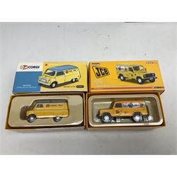 Corgi - eighteen modern die-cast models including racing cars, Land Rovers, Thornycroft Box Van, Ford Transit and Bedford Vans, Minis, Last Routemaster bus, two Trackside DIYCAST sets etc; all boxed (18)