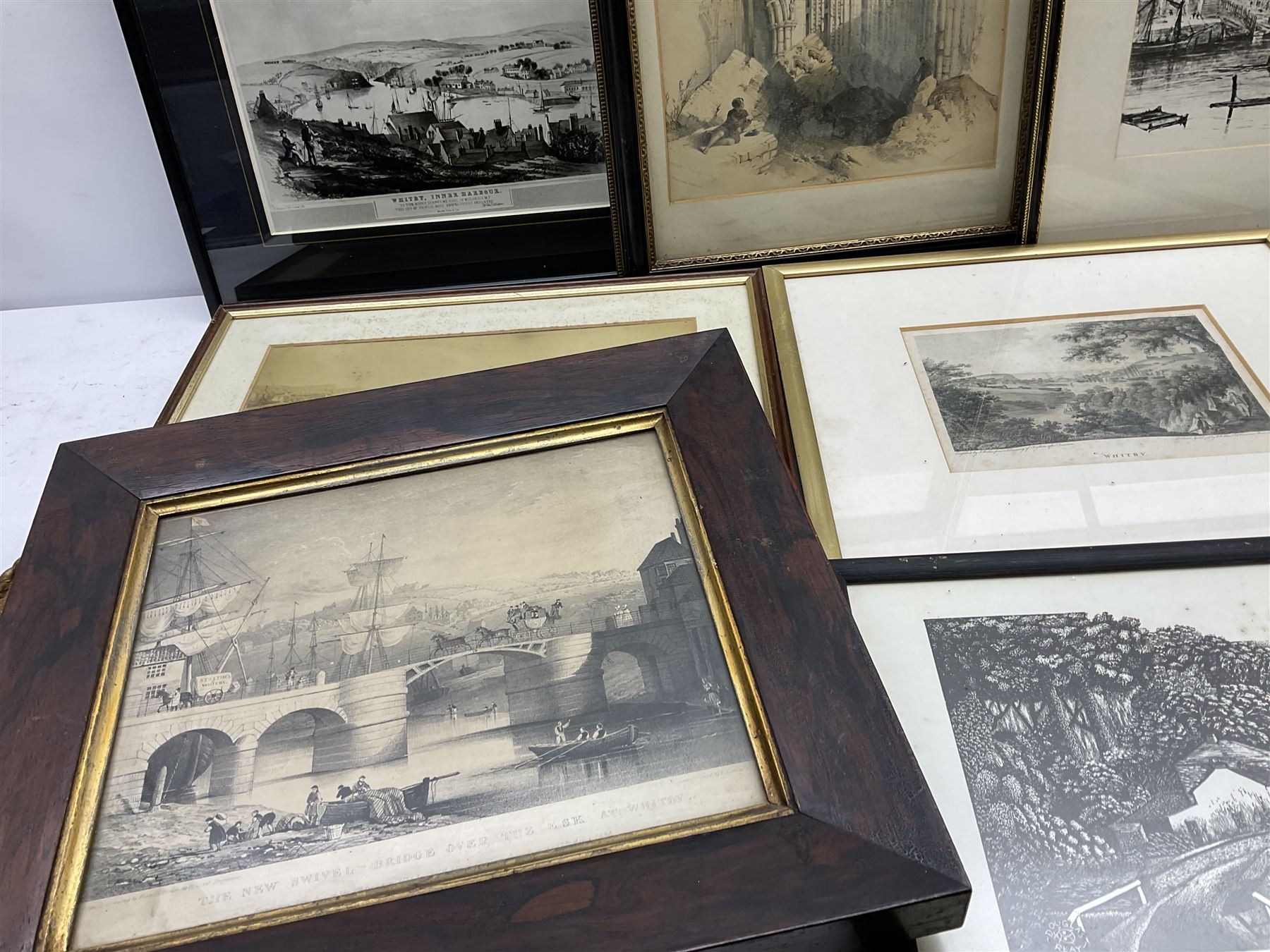 After Francis Pickernell: 'The New Swivel Bridge over the Esk at Whitby', engraving pub. c1835, 22cm x 25cm in original rosewood frame; an interesting collection of prints, engravings and watercolours relating to Whitby (a lot)