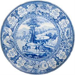Eight 19th century transfer printed Italian Scenery pattern dinner plates, attributed to Leeds Pottery, with printed Italian Scenery mark beneath, D26cm