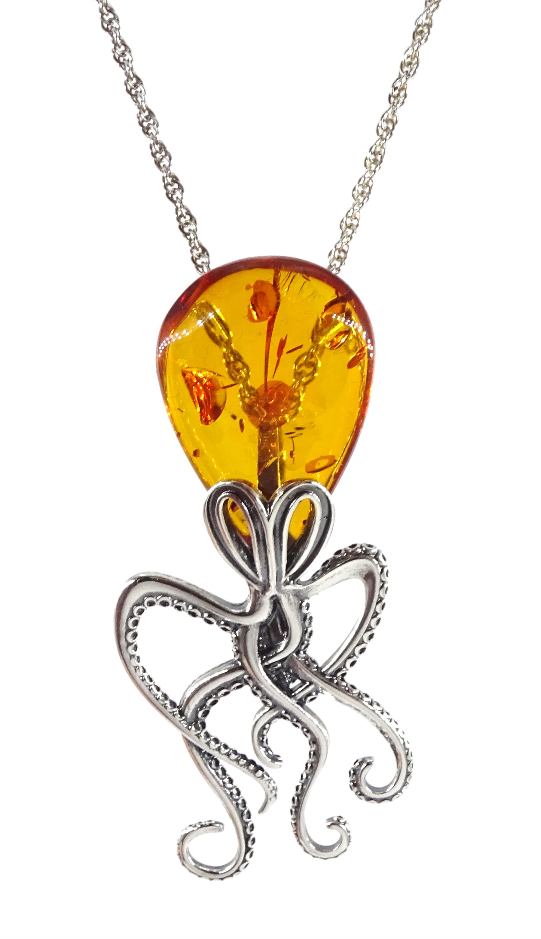 Silver amber octopus pendant necklace, stamped 925