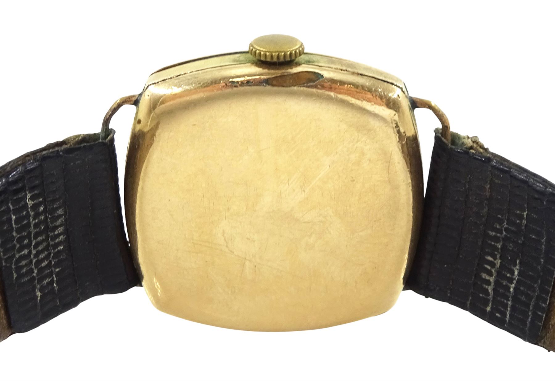 Rolex gentleman's 14ct gold-plated, cushion shaped manual wind wristwatch, circa 1930, case No. 51059, white dial with subsidiary seconds dial and luminous hands, on black leather strap