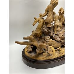 Large Chinese wood carving, depicting the eight immortals crossing the sea, H46cm, L78cm 