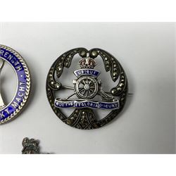 Five silver sweetheart brooches - Royal Artillery with marcasite, Naval with marcasite, George VI Royal Engineers with tortoiseshell, Royal Marines Gibraltar with enamel and South African General Service with blue enamel (5)