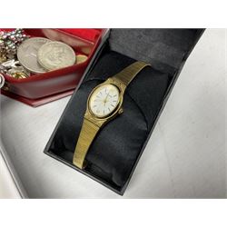 Victorian and later silver jewellery including engraved oval locket pendant, bangle, fob watch, vesta case, faux pearl necklace, butterfly wing pendant etc, a collection of costume jewellery including beaded necklaces, brooches, earrings, ladies wristwatches and a small collection of coins including two pre 1947 half crowns 