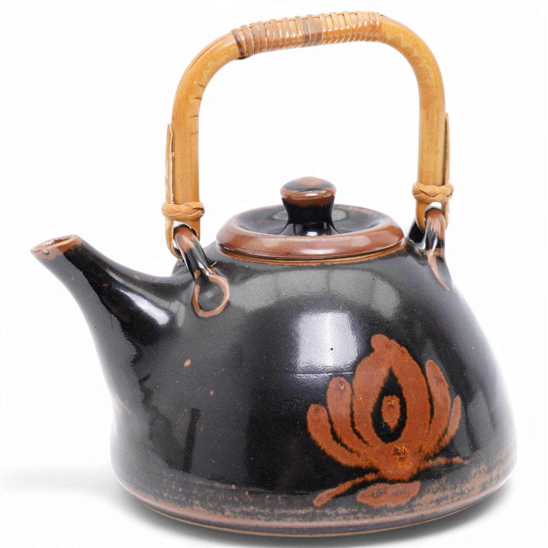 David Leach (1911-2005): studio pottery stoneware kettle, tenmoku glaze with motif in rust,  impressed potters seal to base, excluding handle H13cm 