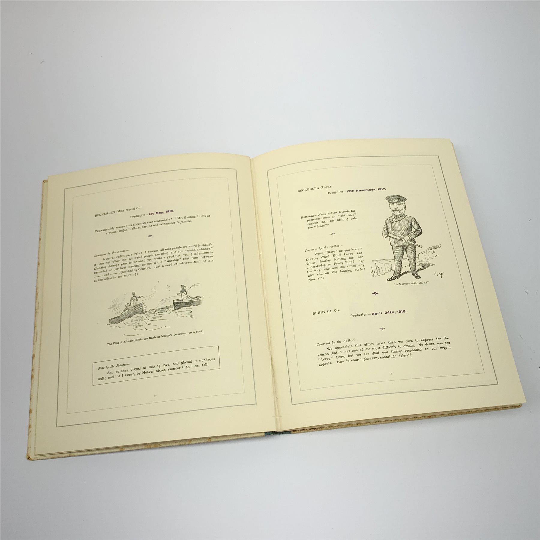 Beston Ernest W.: Peace. Prophecies Concerning The End of the War. The Predictions of the 'Prophets', with the author's comments May 1917. Presentation limited edition No.200 to Sergt. Instructor G. G. Manning with a typed letter signed by the author to Sgt. Manning on Birmingham Bachelor's Club notepaper. Pictorial front cover.
