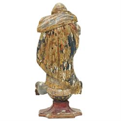 18th century Spanish Colonial Andean polychrome painted and carved giltwood figure of the Virgin of the Immaculate Conception, standing in prayer upon a crescent moon and cherub heads H29cm