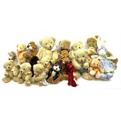 Eleven Russ teddy bears including Edward, two Standard tigers, Coleridge, Heart Throbs, Wishlings 'Boomer', Alpine Lodge 'Bumps', Spring Breeze etc; and eight Cherished Teddies; various sizes (19)