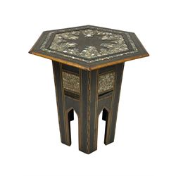 Early 20th century Anglo-Indian hexagonal table, the top decorated with mother of pearl beads and chequered banding, the base with fretwork pointed arches and inlays
