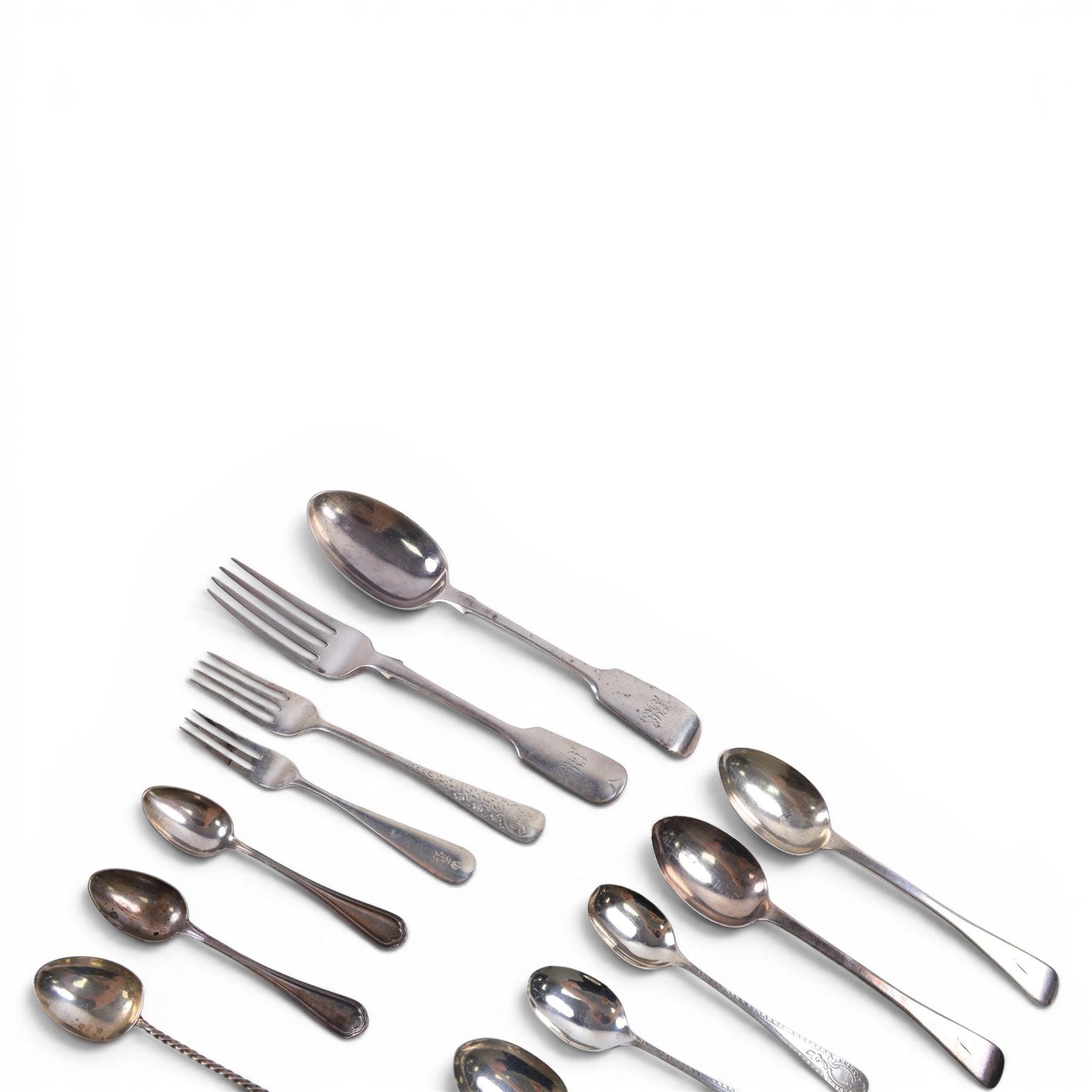 Collection of Victorian and later silver flatware, all hallmarked and four silver wirework napkin rings 