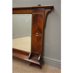  Early 20th century inlaid mahogany bevel edge mirror, projecting cornice, moulded shelf, W123cm, H77cm  