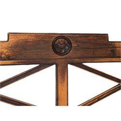 Georgian design Indian sheesham hardwood framed four poster bed, lattice slats to the top supported by reeded cylindrical and octagonal column uprights, the pierced stepped headboard carved with floral motifs, with associated mattress