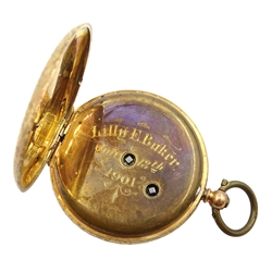Early 20th century continental gold ladies pocket watch, top wind, stamped 14K, on gold chain stamped 9c