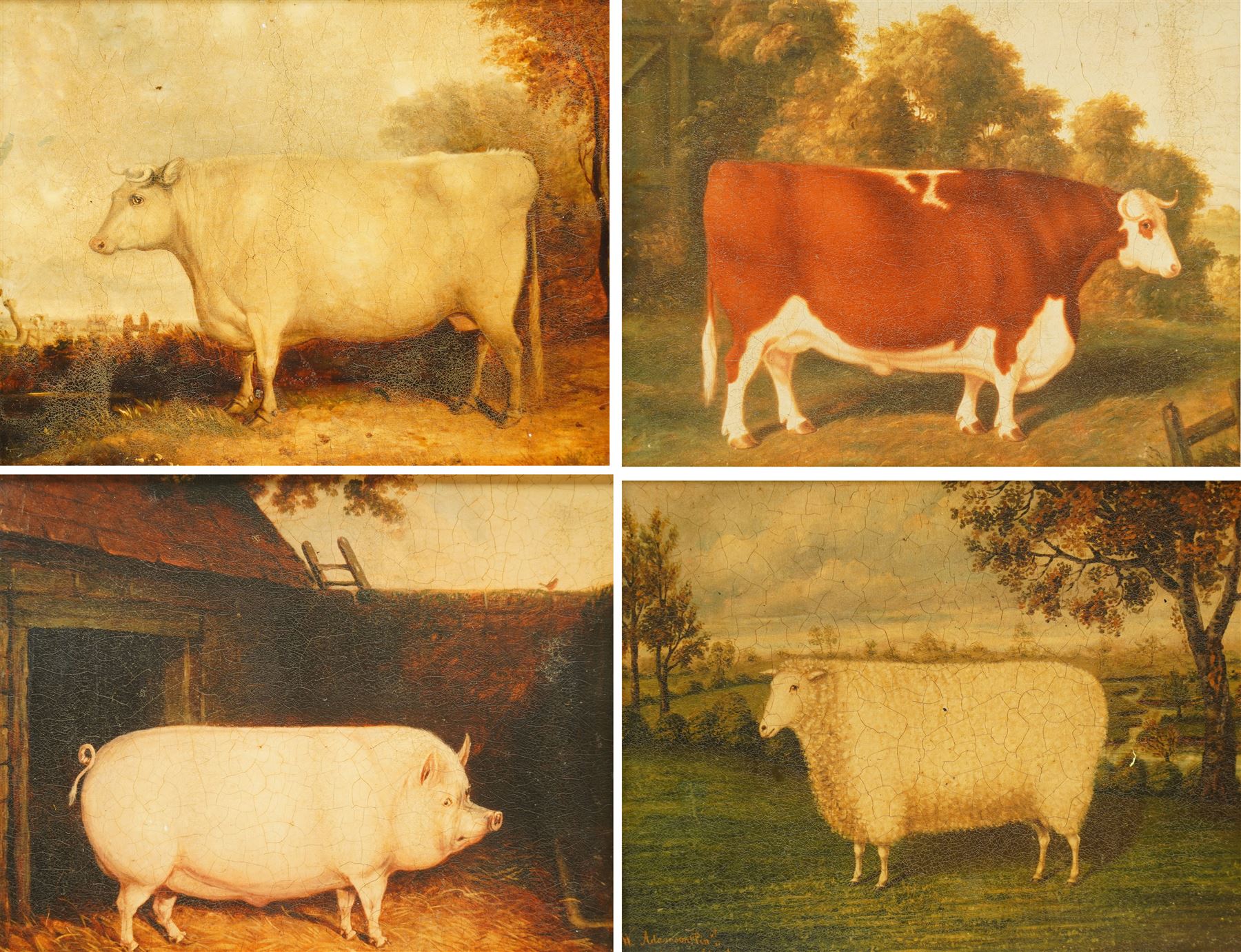 English Naive School - Prize Farm Animals, set of four colour prints 19cm x 24cm (4)