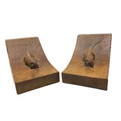 Mouseman - pair of adzed oak bookends, carved mouse signature, by the workshop of Robert Thompson, Kilburn, H9cm W9cm D15cm