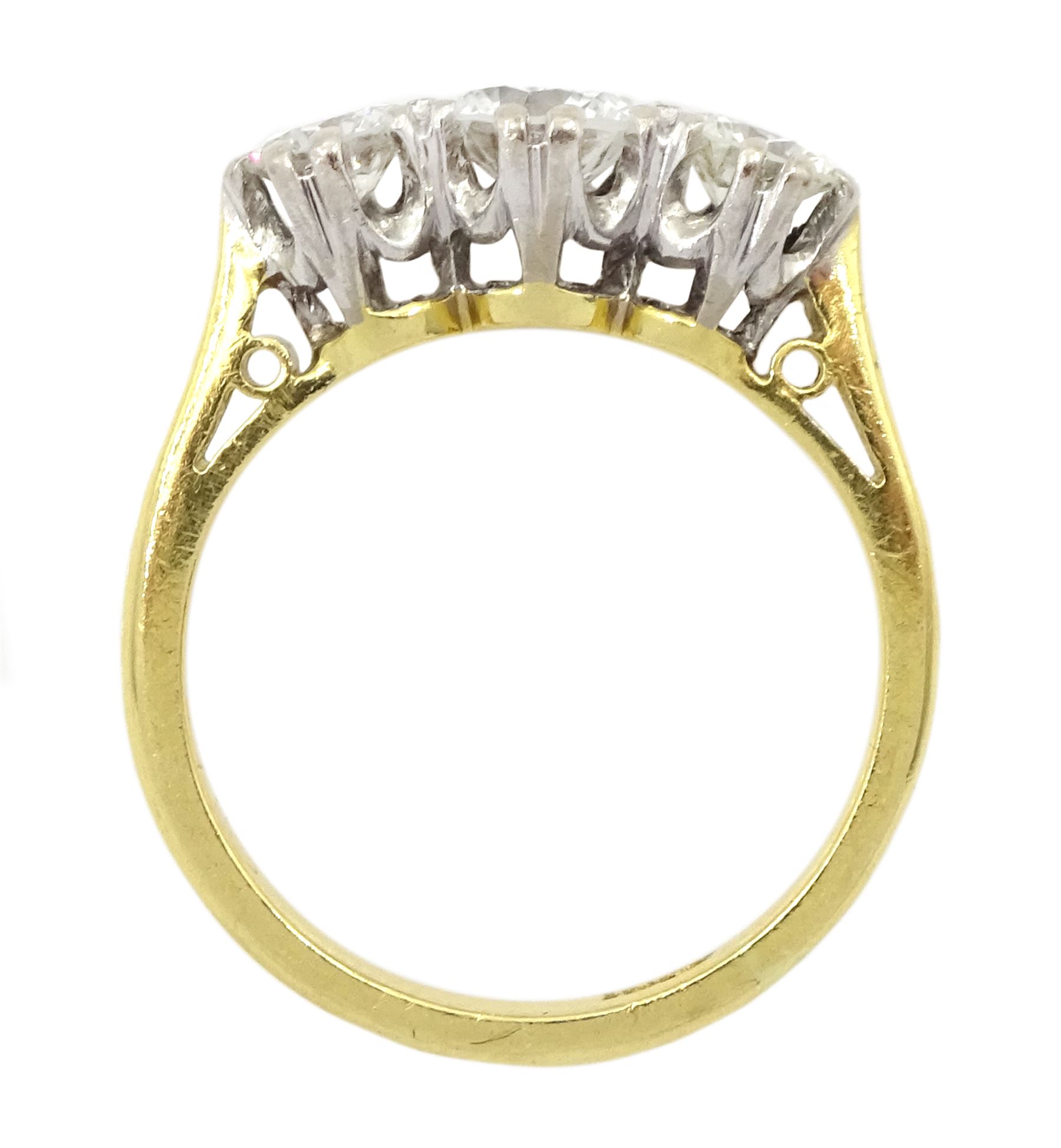 18ct gold three stone round brilliant cut diamond ring, stamped total diamond weight approx 0.95 carat 
