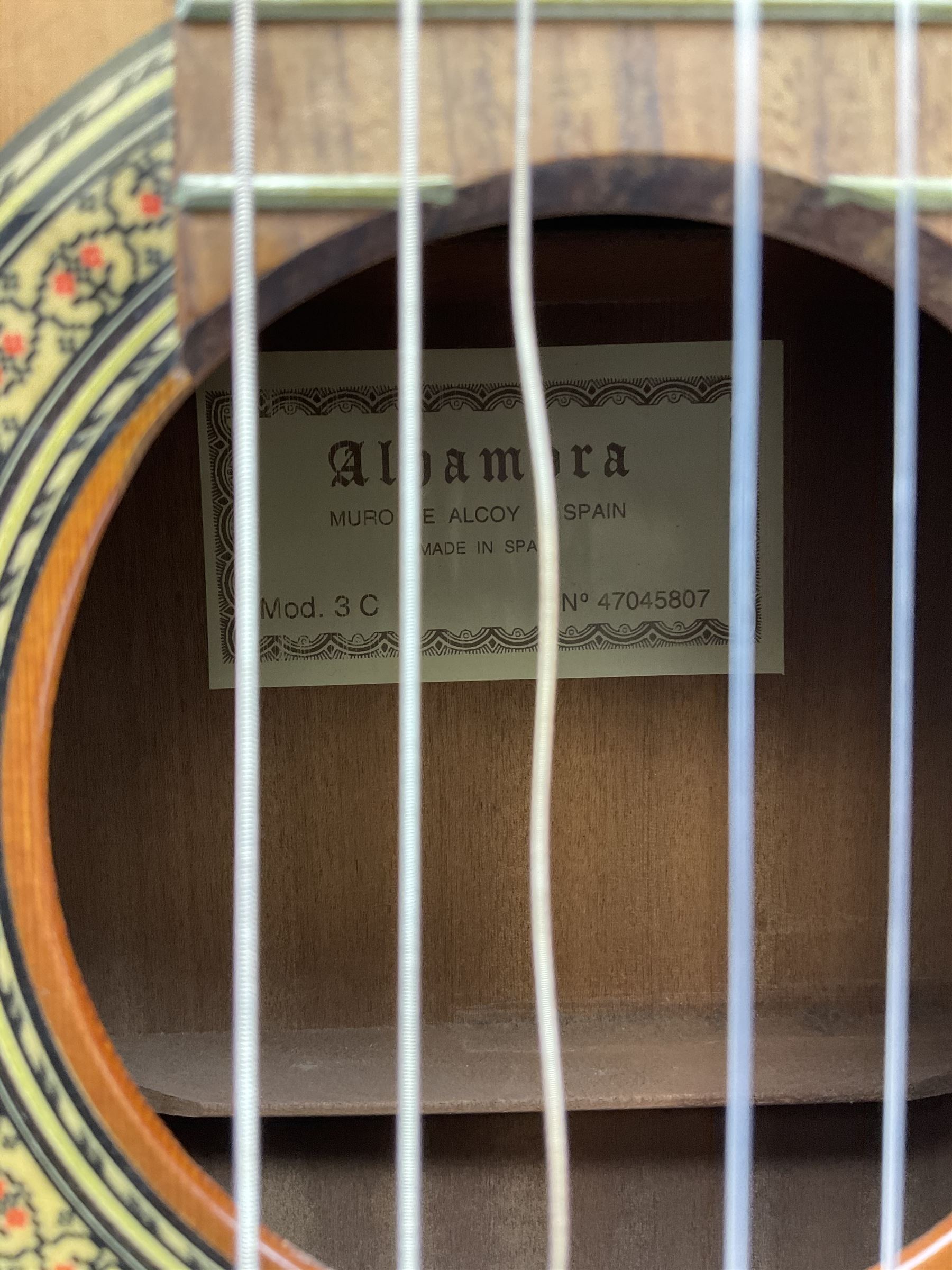 Alhambra Muro De Alcoy Spanish acoustic guitar No.47045807 with mahogany back and sides and spruce top L101cm, in carrying case with Seiko metronome and Chromatic Tuner