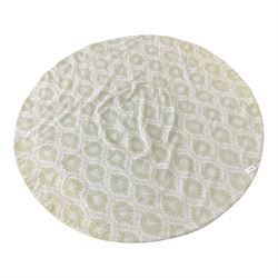 Circular spread rug or throw, light blue and green in foliate repeating pattern