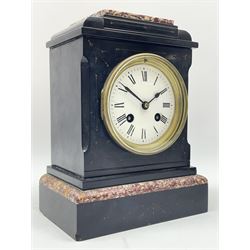 Small Victorian black slate and variegated marble mantel clock, the case with engraved decoration, circular enamel Roman dial, eight day movement by 'Japy Freres' striking the hours and half on bell