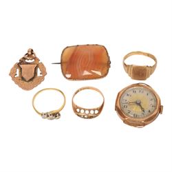 18ct gold diamond ring and 9ct gold jewellery, including fob, stone set ring, signet ring,...