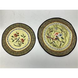 Six Chinese silks on fabric panels embroidered with birds on blossoming branches, along with three other Chinese painted silks 