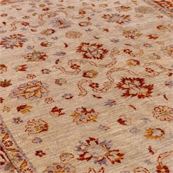 Indian Agra hand knotted rug, the pale beige field decorated with scattered floral sprays and stylised palmettes, enclosed within a wide terracotta border of scrolling foliage and flowerheads between narrow guard bands, finished with fringe ends