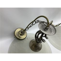Three frosted glass light fittings with brushed metal mounts, approx L30cm excl fitting