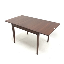 Mid to late century mahogany extending dining table, single leaf, square tapering supports, W153cm, H77cm, D82cm