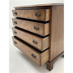 19th century red walnut and mahogany chest, four long graduating drawers fitted with pierced brass plate and swan neck drop handles, on bracket feet