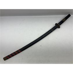 Good quality Japanese sword blade with later WWII fittings and scabbard  - 67.5cm slightly curving blade with unmarked tang, plain iron tsuba and lacquered grip with copper mounts; in lacquered wooden scabbard with tape bound tip L94cm overall