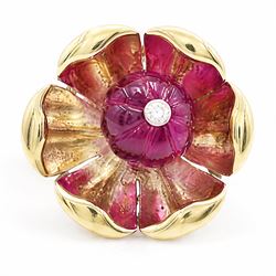 14ct gold ruby and diamond flower head ring, carved ruby set with a single round brilliant...