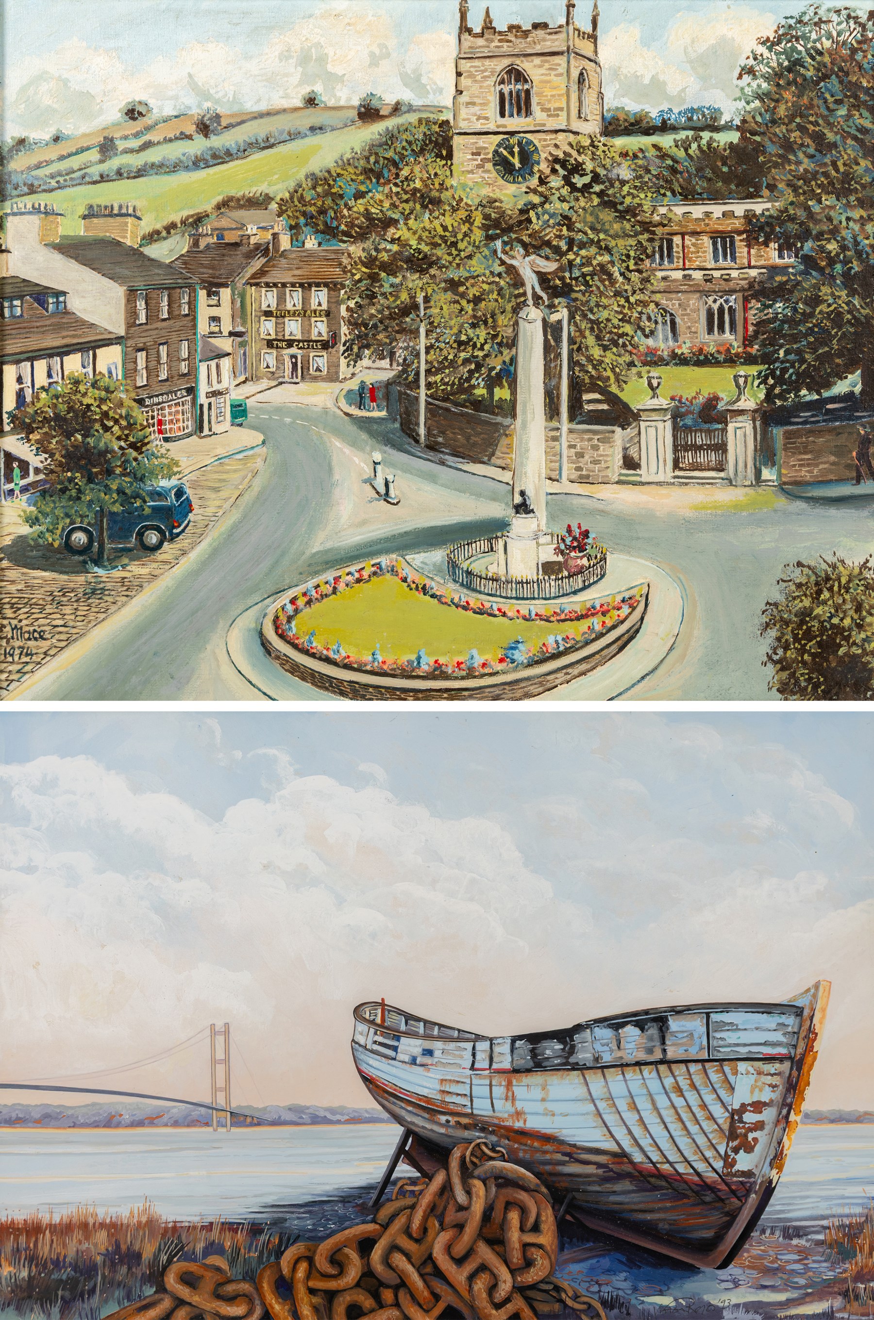 E Mace (British 20th century): Skipton Town Square, oil on board signed and dated 1974, 39.5cm x 49.5cm; Vivien R* (British 20th century): The Humber Estuary, gouache indistinctly signed and dated '93, 24cm x 34.5cm (2)