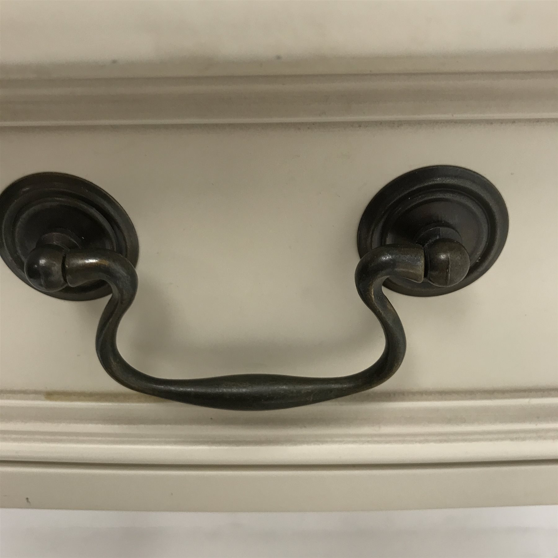 Laura Ashley cream finish demi-lune dressing table, one long and four short drawers, turned tapering supports (W125cm, H78cm, D38cm) with stool (2)