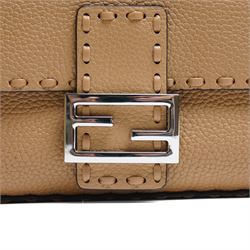 Fendi - Selleria Baguette shoulder bag, tan grained leather with hand-stitched detailing, palladium-tone FF buckle fastening, detachable leather top handle and shoulder strap, with authenticity card, dust bag and box