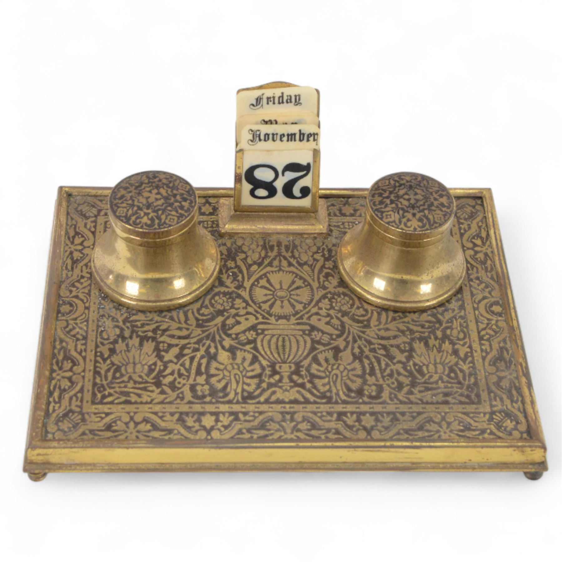 19th century brass inlaid desk stand with perpetual calendar, H7cm 